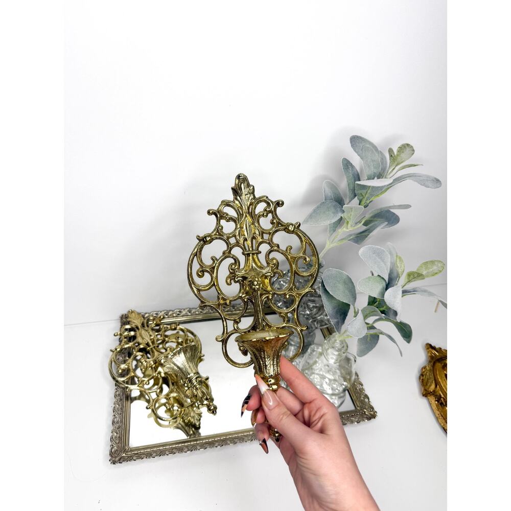 Set of Two Metal Candle Holders Brass Vintage Hollywood Regency Florentine